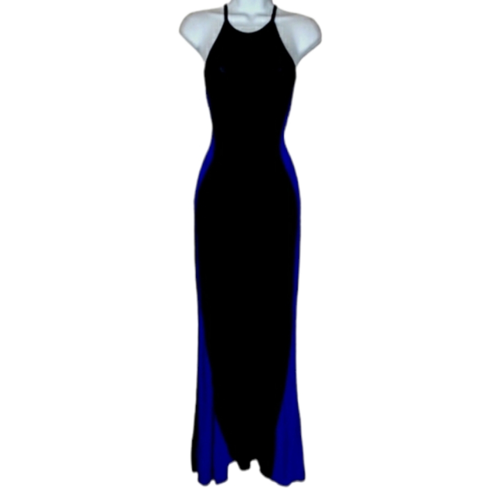 POETRY Black Royal Blue Colorblock Illusion Sleeveless Halter Stretch Maxi Dress
